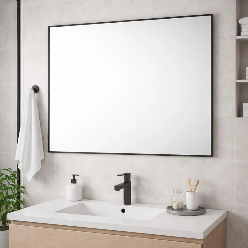 Bathroom Aluminium Metal Modern Black Mirror 90 x 60cm – Wall Mounted Rectangular Mirror – Portrait or Landscape Hanging – Sleek Contemporary Frame