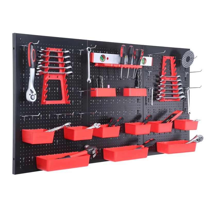 Relaxdays tool rack, 3 pegboards, 26-piece accessory set, HxW: 60 x 40 cm, metal, workshop, black/red