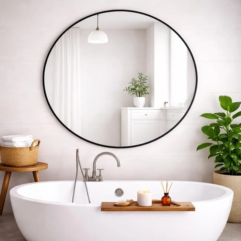 Round Metal Bathroom Mirror 120cm – Large Circular Wall Mounted Mirror – Modern Black Frame Vanity Mirror – Contemporary Bathroom, Toilet, Ensuite