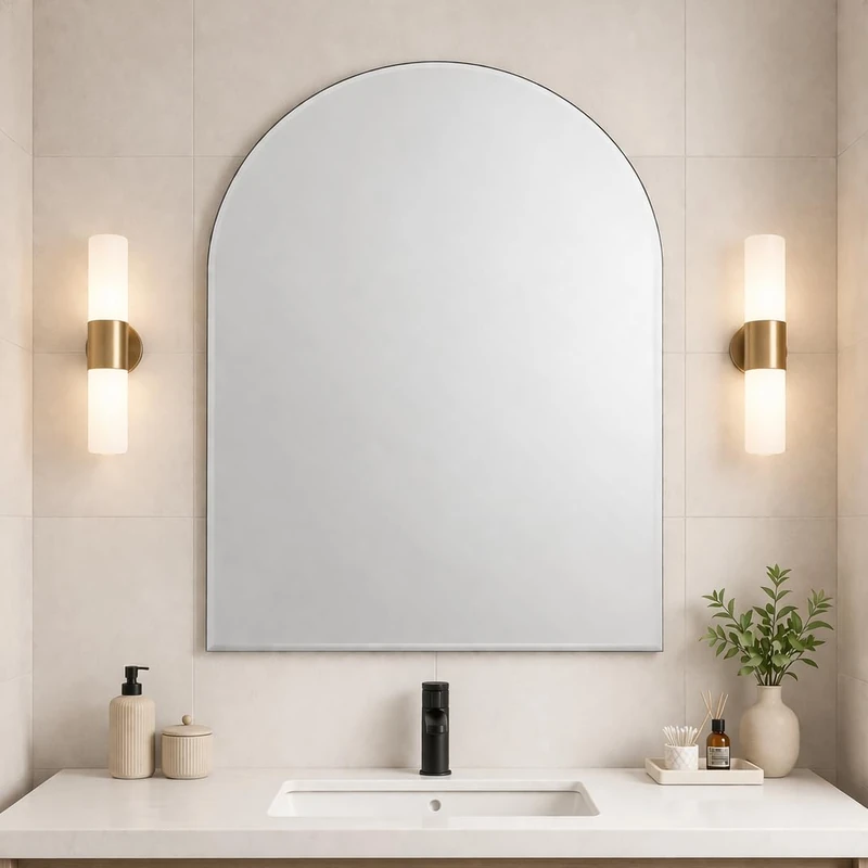 Bathroom Arched Frameless Mirror 100 x 70cm – Modern Wall Mounted Arch Mirror – Large Contemporary Vanity Mirror – Polished Edge, Portrait Hanging