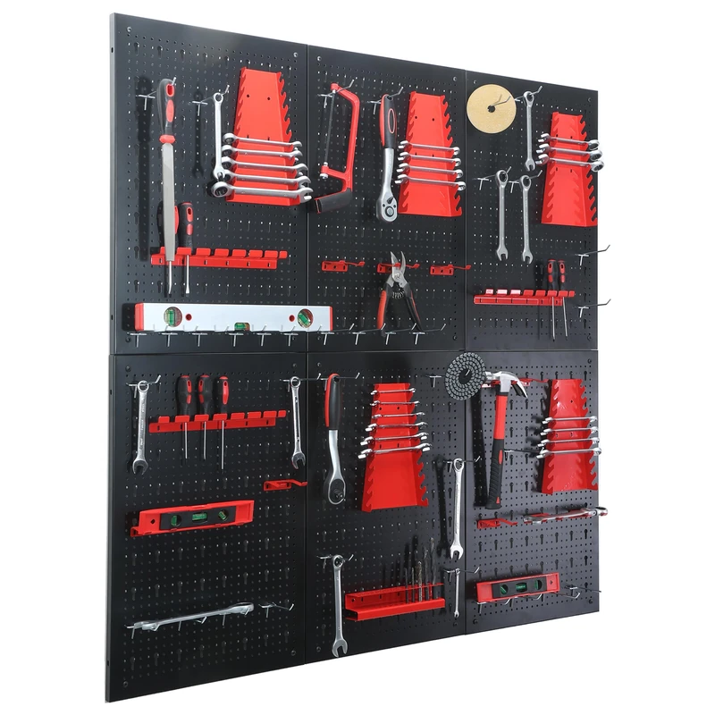 Relaxdays tool pegboard, 6 panels, 58-piece set, HxW: 60 x 40 cm, metal, workshop pegboard, black/red - Image 1