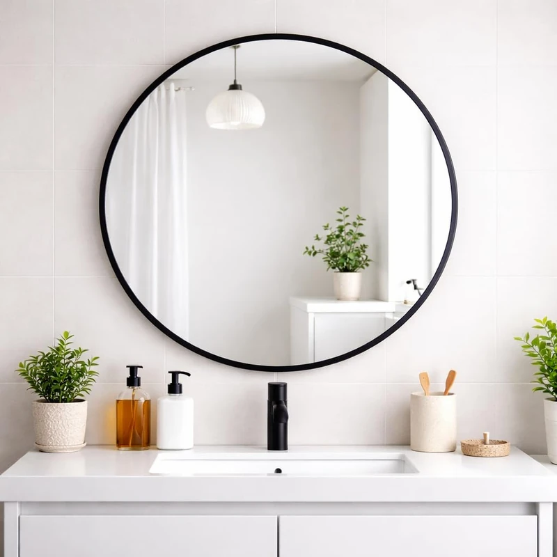 Round Metal Bathroom Mirror 80cm – Large Circular Wall Mounted Mirror – Modern Black Frame Vanity Mirror – Contemporary Bathroom, Toilet, Ensuite