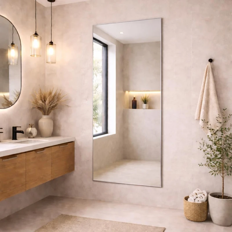 Full Length Frameless Bathroom Mirror 174 x 85cm – Large Rectangular Wall Mounted Mirror – Modern Polished Edge Glass – Portrait or Landscape Hanging