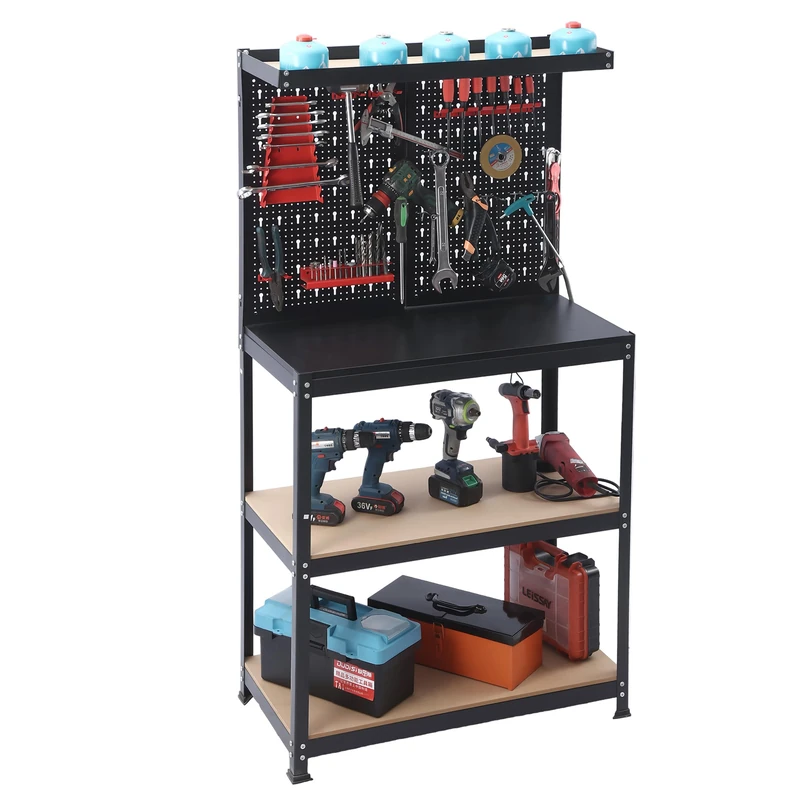 Relaxdays Workbench, H x W x D: 155x80.5x41 cm, 2-tier, pegboard & accessories, steel & MDF, workshop bench, black