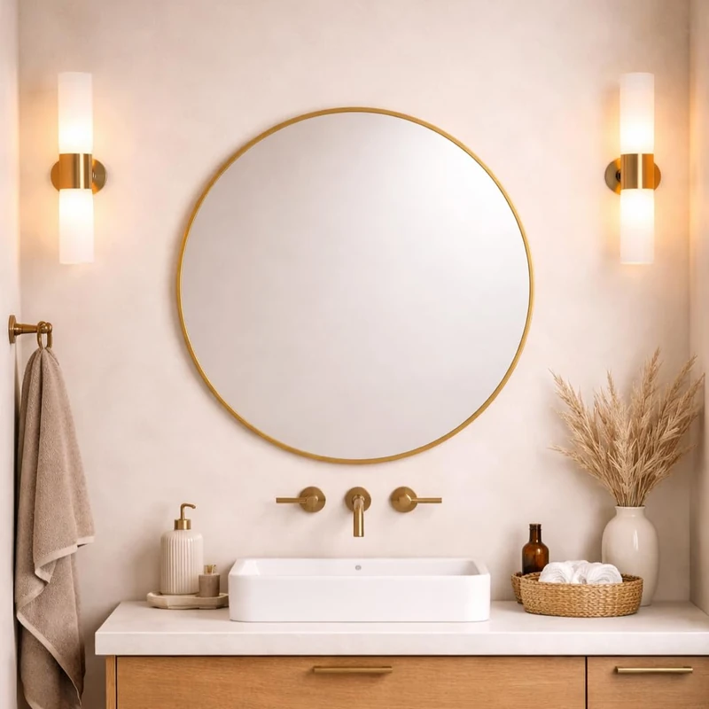 Round Metal Bathroom Mirror 80cm – Large Circular Wall Mounted Mirror – Modern Gold Frame Vanity Mirror – Contemporary Bathroom, Toilet, Ensuite