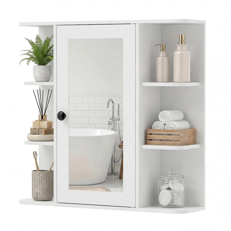 CASART Bathroom Mirror Cabinet, Wall Mounted Storage Cupboard with Single Door and Open Shelves, Wooden Medicine Cabinet Display Organizer Unit for Kitchen Living Room (White, 66 x 16.5 x 63cm)