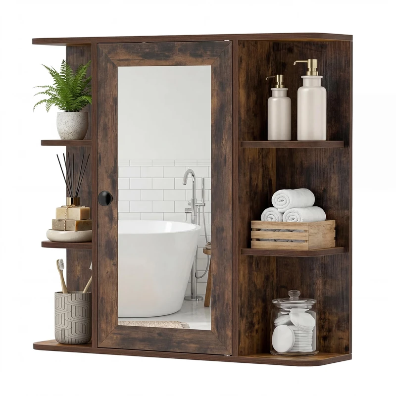 CASART Bathroom Mirror Cabinet, Wall Mounted Storage Cupboard with Single Door and Open Shelves, Wooden Medicine Cabinet Display Organizer Unit for Kitchen Living Room (Rustic Brown, 66 x 16.5 x 63cm)