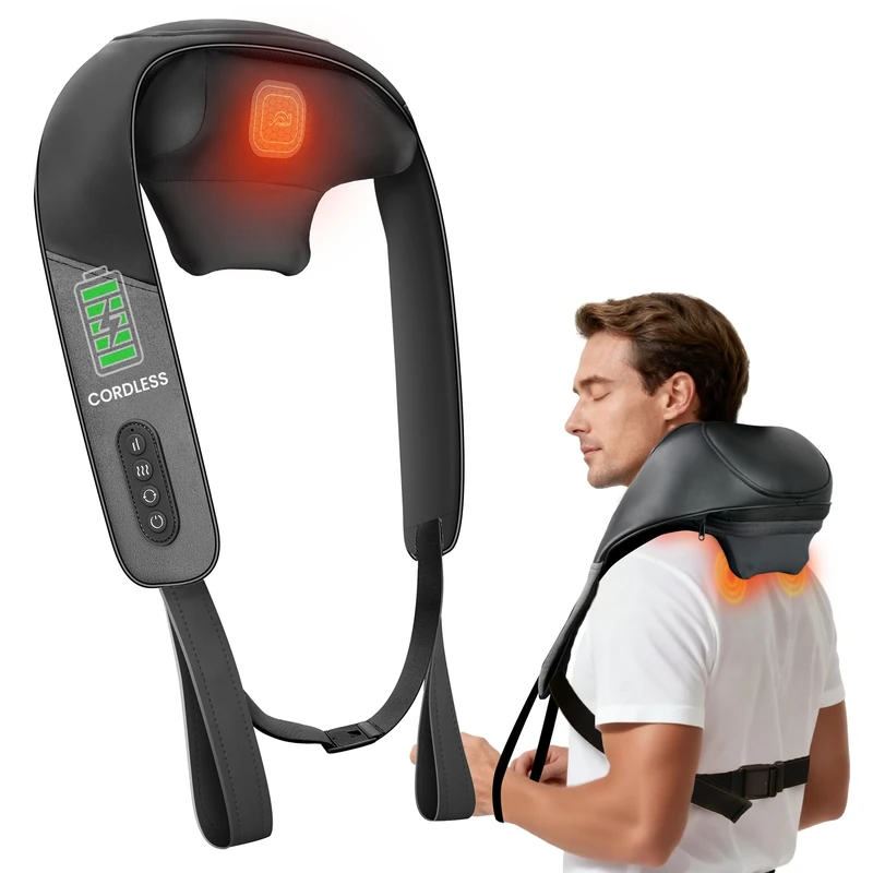 Snailax 4D Cordless Shiatsu Neck Massager, Deep-Kneading Shoulder & Back Massage with Graphene Heat, Rechargeable for Home & Office, Gift for Mom/Dad