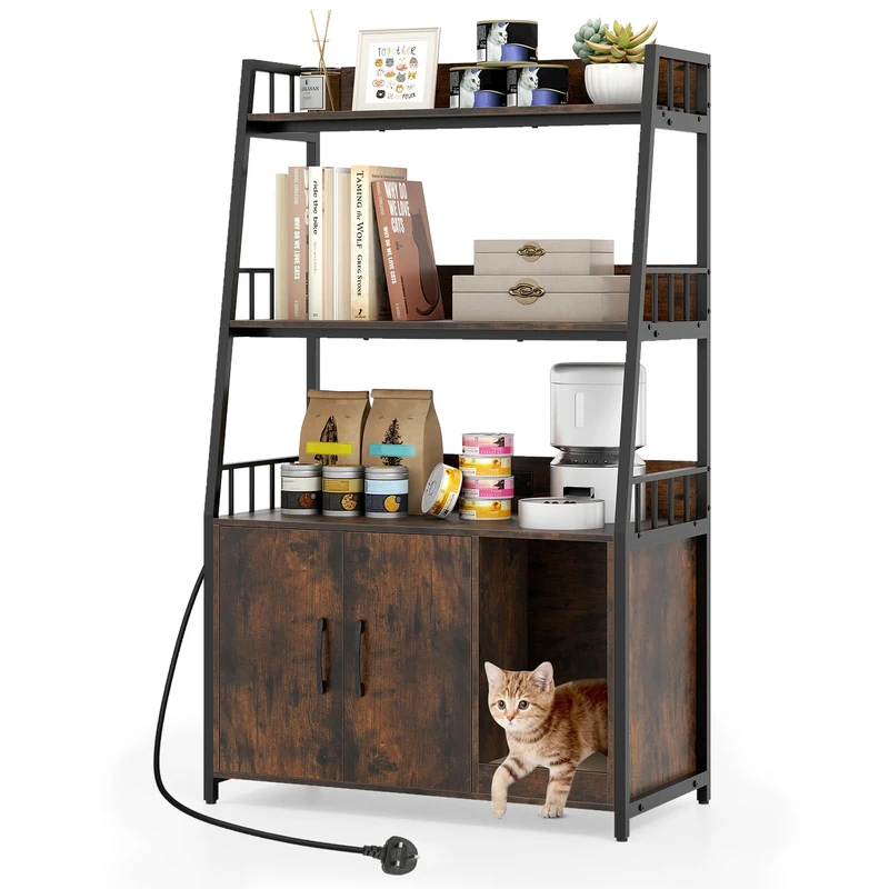 GYMAX Hidden Cat Litter Box Enclosure, Cat Washroom Cabinet with 3-Tier Shelves, Charging Station, Winding Entry & Scratching Board, Indoor Pet Cabinet Corner Shelf for Kitten (Rustic Brown + Black)