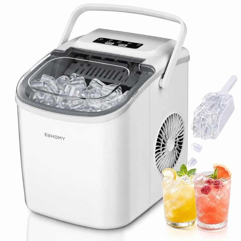 EUHOMY Countertop Ice Maker Machine, 2 Size Cube, 9 Ice Cube Ready in 6 Mins, Self-Cleaning Compact Ice Cube Maker 12 kg in 24 H, with Ice Scoop and Basket for Home/Kitchen/Office/Bar, White