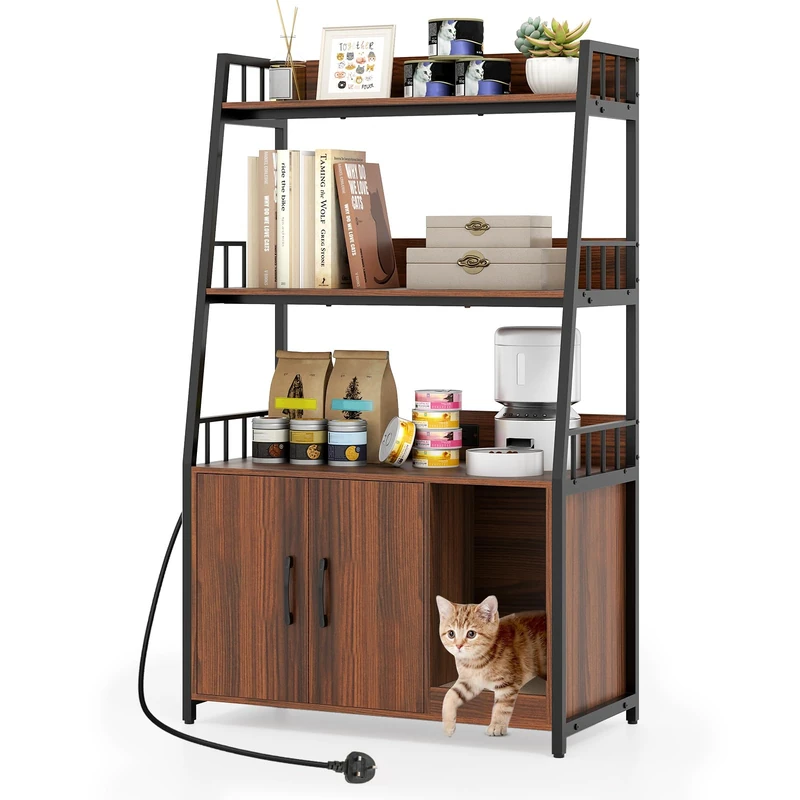 GYMAX Hidden Cat Litter Box Enclosure, Cat Washroom Cabinet with 3-Tier Shelves, Charging Station, Winding Entry & Scratching Board, Indoor Pet Cabinet Corner Shelf for Kitten (Walnut + Black)