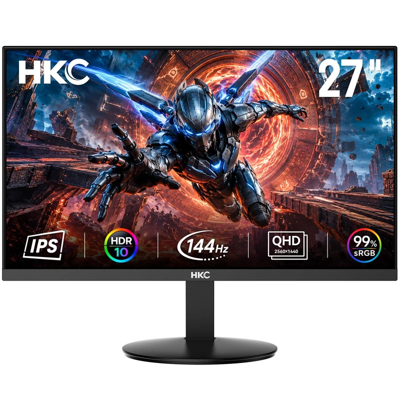 HKC 27 Inch QHD IPS Gaming Monitor, 144Hz 2560x1440p, 1ms MPRT, HDR10, 99% sRGB, ΔE≤2, Hardware Low Blue Light, HDMI 2.0 & DP 1.4, VESA 100x100 Black, V2718QS