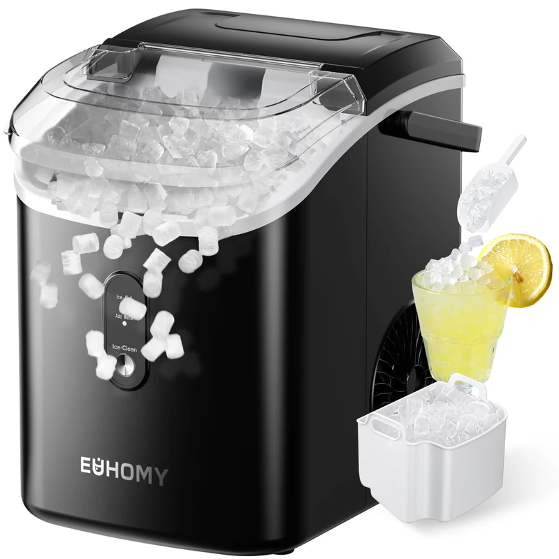 EUHOMY Nugget Ice Maker, One-Click Operation, Chewable Pellet Ice Machine with Self-Cleaning and Handle, Ready in 6 Mins, 15.5kg/24H, Removable Top Cover, Ice Cube Maker for Kitchen, Office