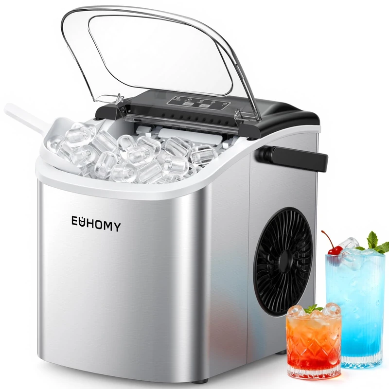 EUHOMY Ice Maker Machine Countertop Ice Cube Maker with Portable Handle, 9 Ice Cubes in 6 Mins, 12 kg in 24 Hrs Self-Cleaning Compact Ice Maker, with Ice Scoop and Basket for Home/Kitchen/Office/Bar