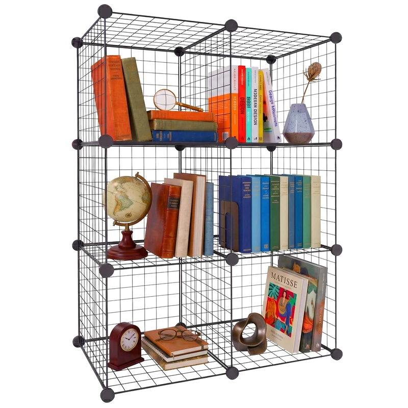 Relaxdays Plug-in Shelving Unit, Modular Cube Shelving, 6 Cubes, DIY, HWD: 110x75x37 cm, Wire Shelving, Metal, Black - Image 1