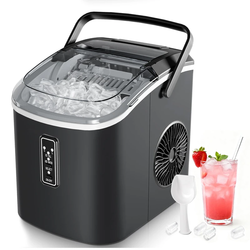 EUHOMY Ice Maker Machine, Self-Cleaning Ice Cube Maker, Portable Ice Maker with Handle, Basket, and Scoop, Ice Machines for Home, Kitchen,Produces 9 Cubes in 6 Minutes,12 Kg/Day,Black - Image 1