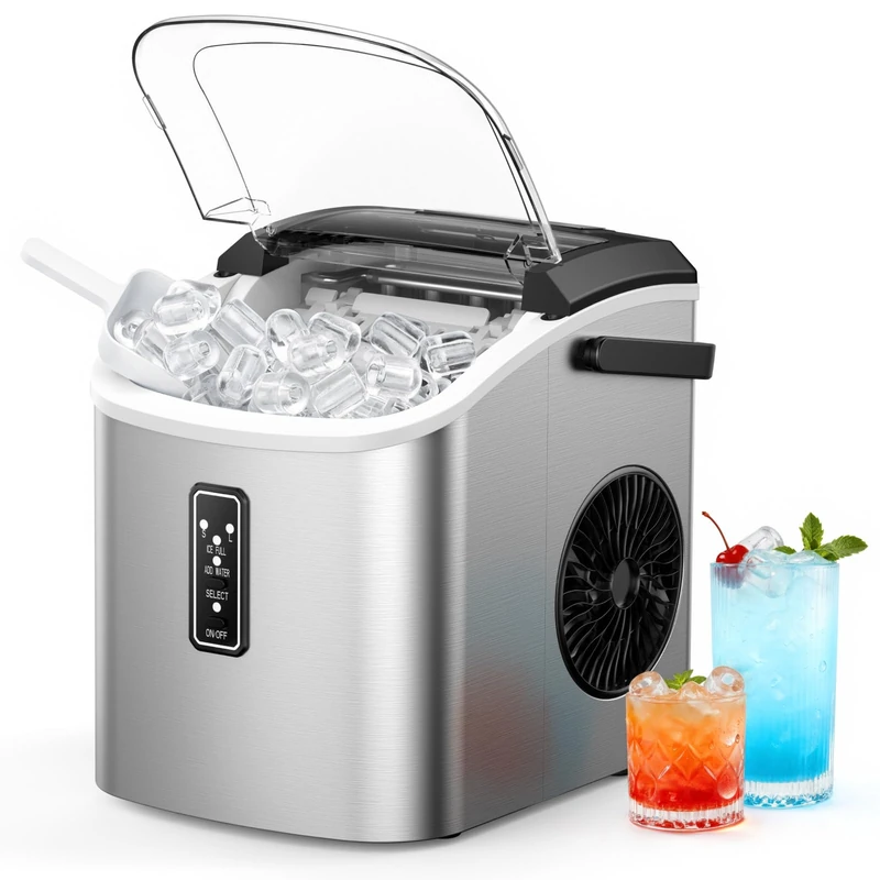 EUHOMY Ice Maker Machine, Self-Cleaning Ice Cube Maker, Portable Ice Maker with Handle, Basket, and Scoop, Ice Machines for Home, Kitchen,Produces 9 Cubes in 6 Minutes,12 Kg/Day,Sliver