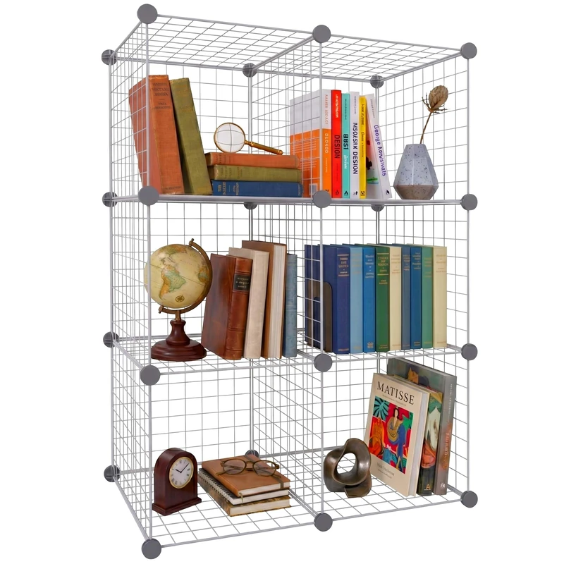 Relaxdays Plug-in Shelving Unit, Modular Cube Shelf, System, 6 Cubes, H x W x D: 110x75x37 cm, Wire Grid, Metal, Silver