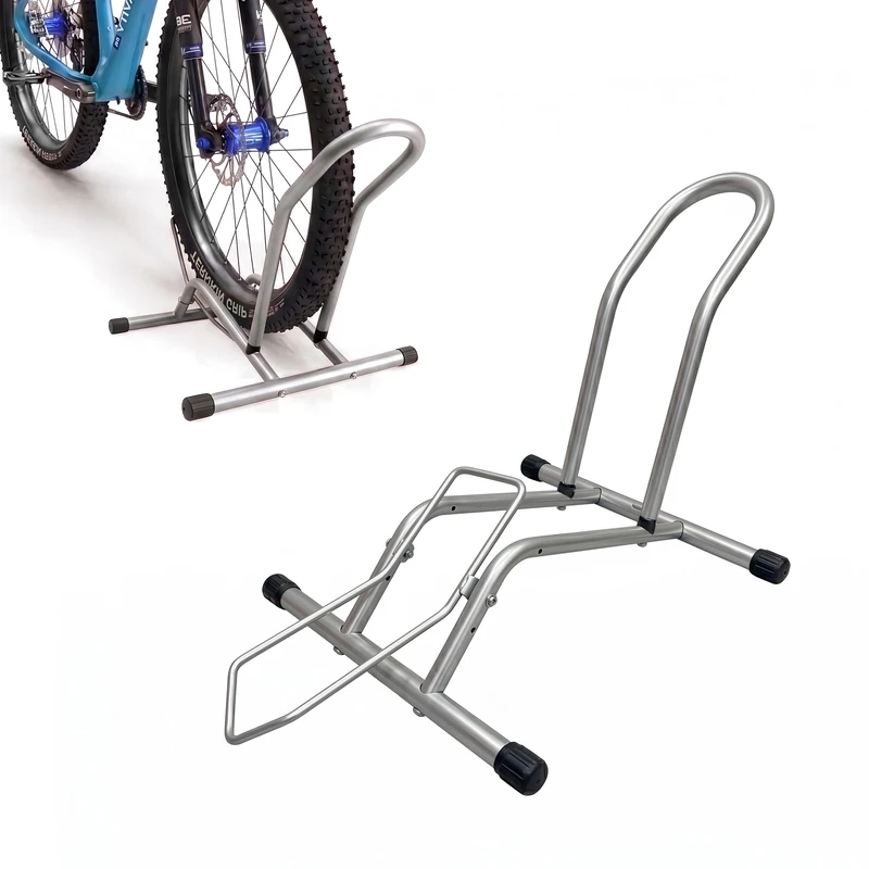 Relaxdays bike stand, 16–29 in, tyre width up to 10.5 cm, front & rear wheel, floor, 1 bike, silver