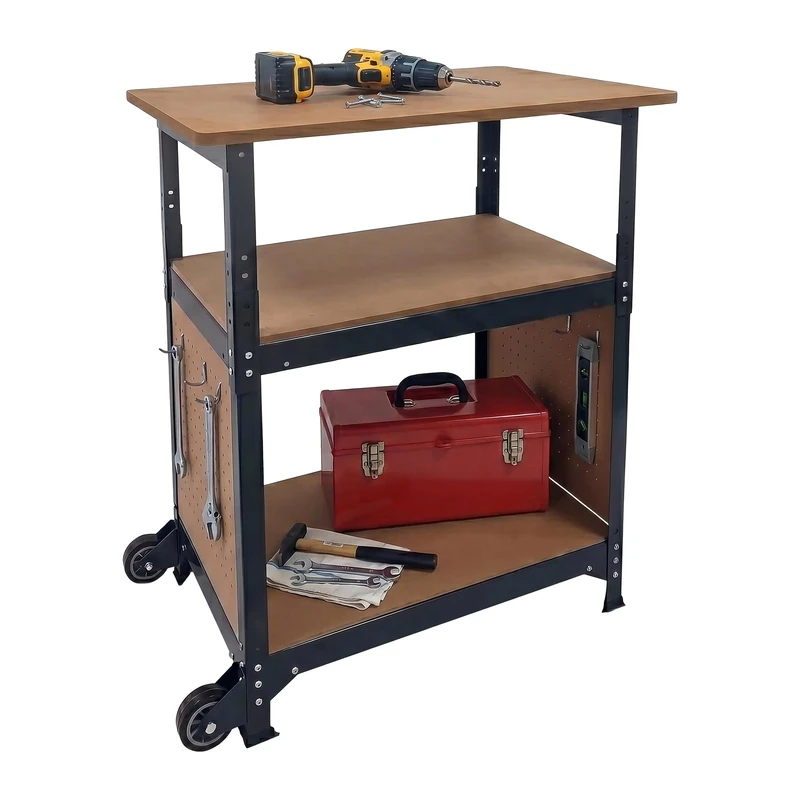Relaxdays workbench with castors, HWD: 69.5 x 72.5 x 50 cm, height-adjustable, pegboard, steel & MDF, black - Image 1