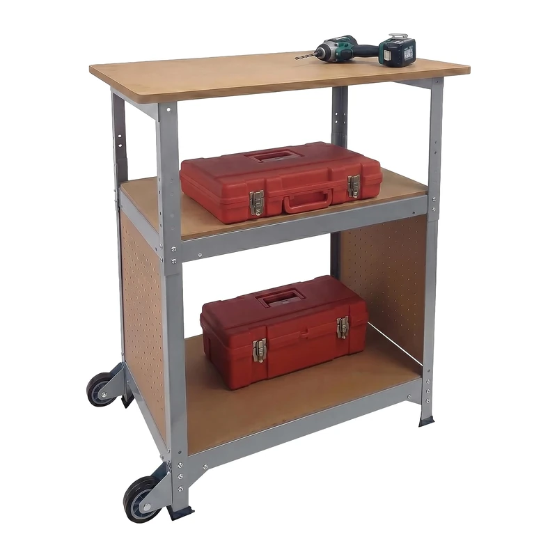 Relaxdays workbench with castors, HxWxD: 69.5 x 72.5 x 50 cm, height-adjustable, pegboard, steel & MDF, silver