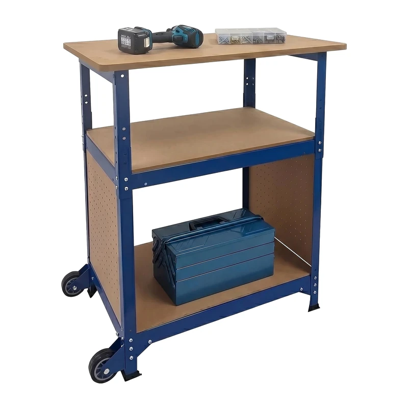 Relaxdays workbench, with castors, H x W x D: 69.5 x 72.5 x 50 cm, height-adjustable, pegboard panels, steel & MDF, blue