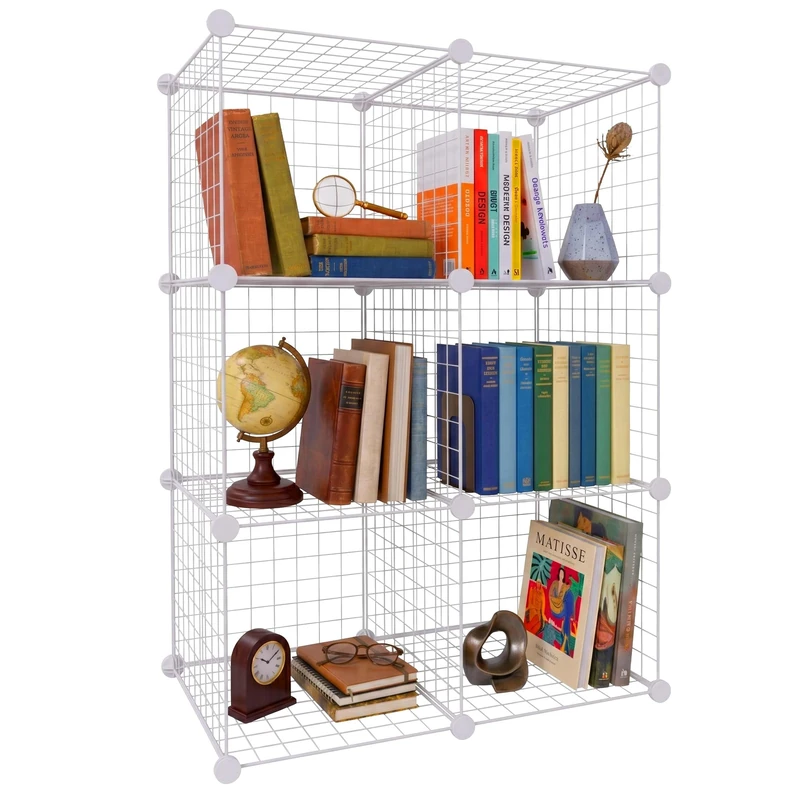 Relaxdays Modular Cube Shelving Unit, 6 Cubes, DIY, H x W x D: 110x75x37 cm, Wire Shelving, Metal, White