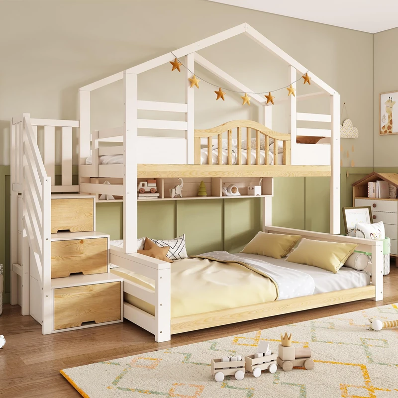 Ball & Cast Bunk Beds for Kids, Staircase Bunk with Storage Space, Small House-shaped Children's Bed, Double Bunk Bed for Family with Multiple Children, (90+135) x 190 cm, Solid Wood, White & Natural