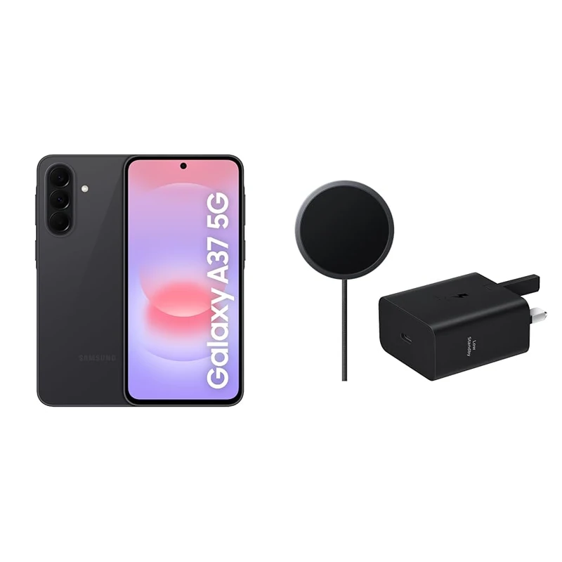 Samsung Galaxy A37 5G AI Smartphone 8GB, 256GB Storage, 50MP Wide-Angle Camera, Up To 2-Day Runtime, Charcoal, 3 Year Extended Warranty Qi2 25W Magnet Wireless Charger + 45W Charger