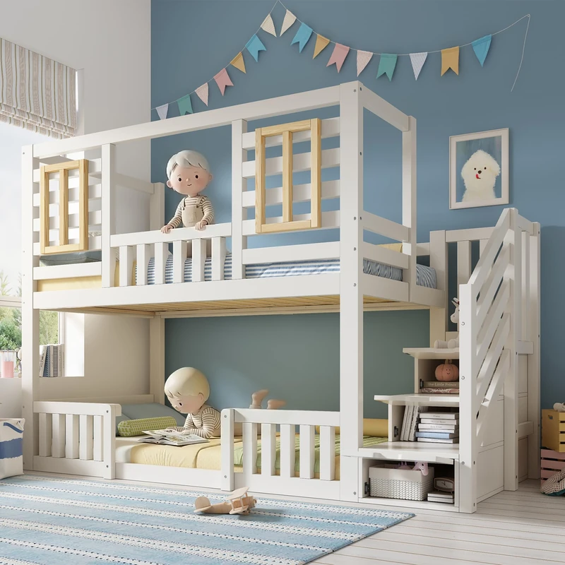 Ball & Cast Bunk Beds for Kids, Wooden Cabin Bed with Staircase Storage, Multi-functional Tree-house Bed, Children's House Bed, Twin Sleeper (90+90) x 190 cm, Solid Wood, White
