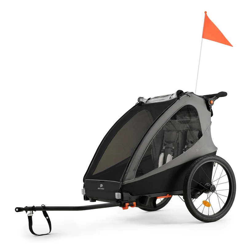 Kinderkraft NAVA Walk 2 in 1 Bike Trailer Stroller for 2 Children, Inflatable Wheels, Adjustable Suspension, 9-Position Handlebar, Stop Brake, UV Cover, Grey