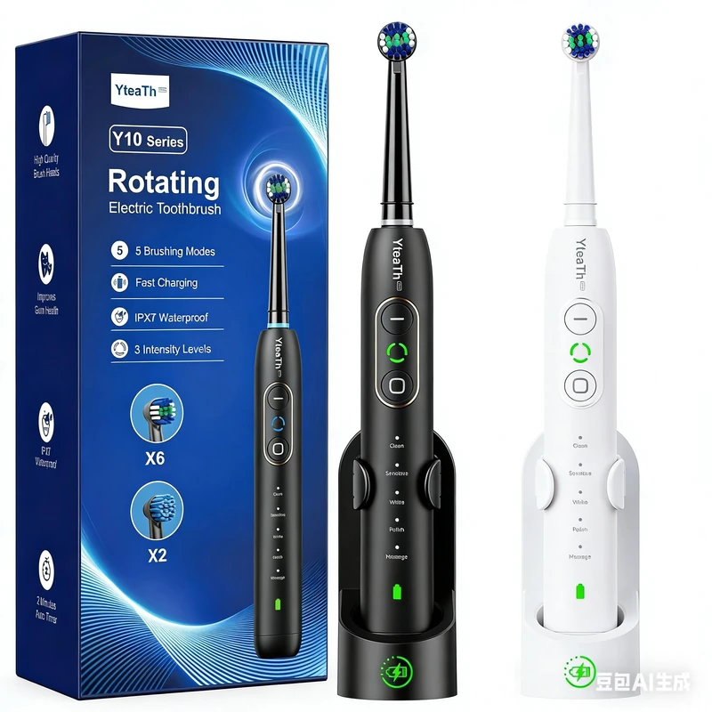 Adult Rotary Electric Toothbrush - Set of 2 Rotary Toothbrushes with 3 Intensities and 5 Modes, 10 Heads, IPX7 Waterproof, Travel Electric Toothbrush, Black and White
