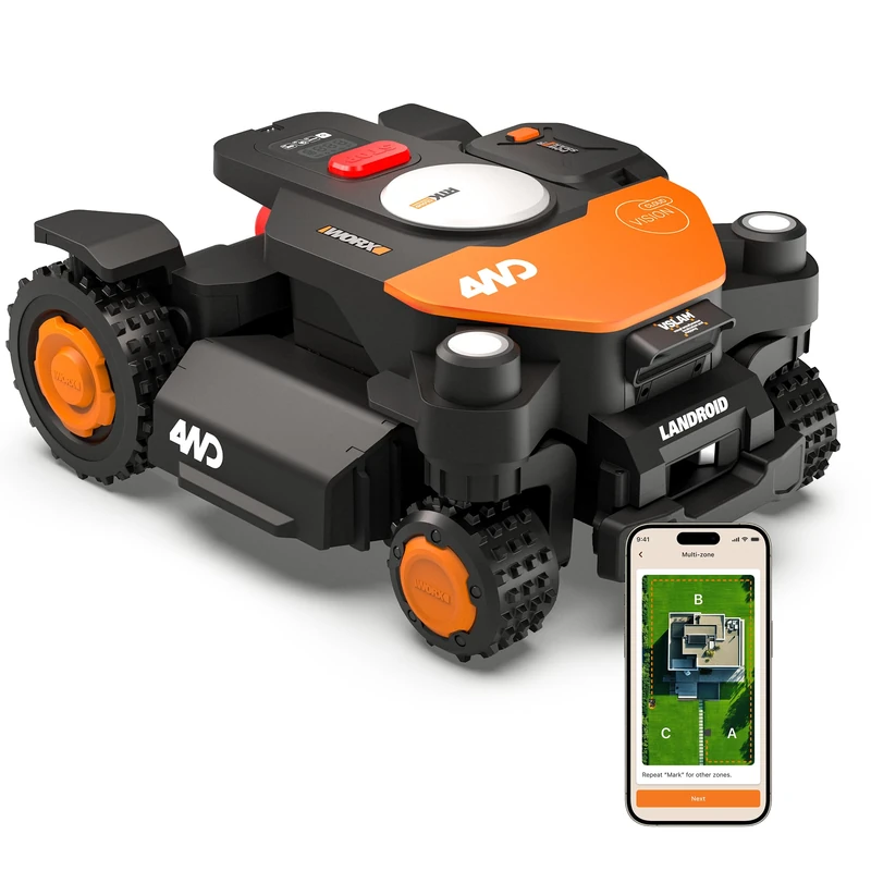 WORX Landroid Vision Cloud WR341E 4WD Robotic Lawnmower without Boundary Cable for 1000m² (AI Obstacle Detection, VSLAM+ RTK Cloud Navigation, Auto Mapping, App Control)