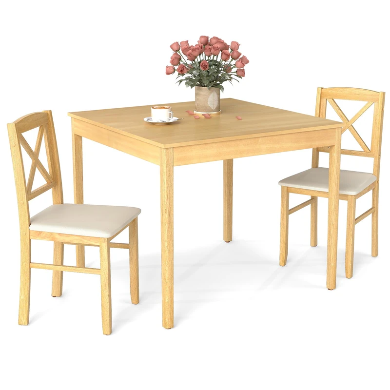 GiantexUK 3-Piece Wooden Dining Table Set, Kitchen Table and Chairs with Upholstered Seat & Rubber Wood Legs, Modern Compact Dining Furniture Set for Small Spaces Apartment (Natural + White)