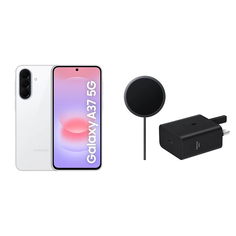 Samsung Galaxy A37 5G AI Smartphone, 256GB Storage, 50MP Wide-Angle Camera, Up To 2-Day Runtime, White, 3 Year Extended Warranty Qi2 25W Magnet Wireless Charger + 45W Charger