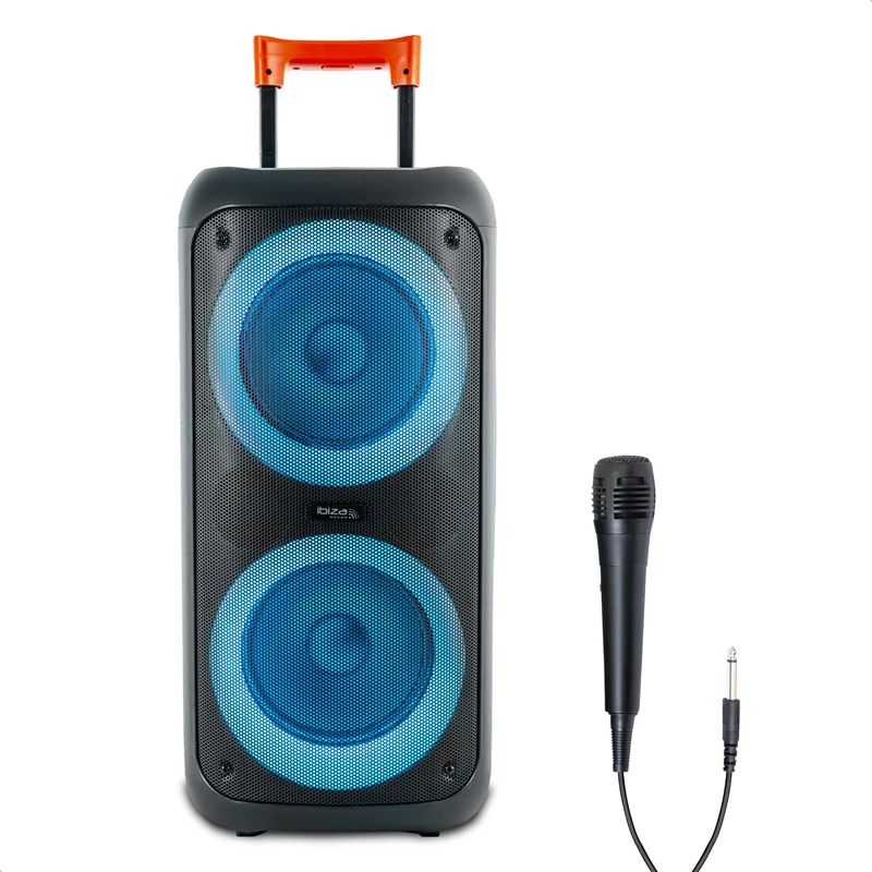 Ibiza ERIS400 Portable Bluetooth Speaker Battery Powered with LED - 2 Light Boomers - TWS - USB, MicroSD, AUX - Wired Mic Included - Trolley, Wheels - Ideal Party & Karaoke