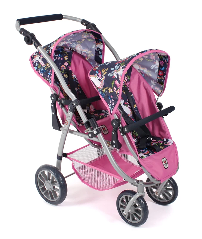 Bayer Chic 2000 Vario Dolls Pushchair Twin Twin Stroller for Two Dolls, Tandem for 4-8 Years Old Dolls, Unicorn Buggy Navy Blue-Pink