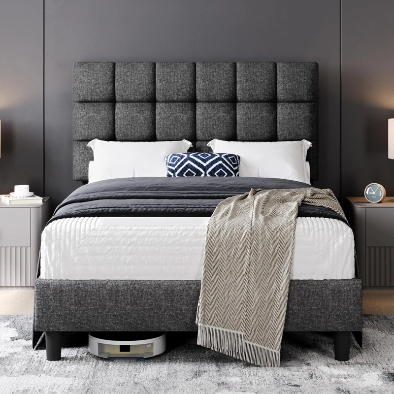 Yaheetech 4ft Small Double Bed Frame, Upholstered Headboard, Dark Grey