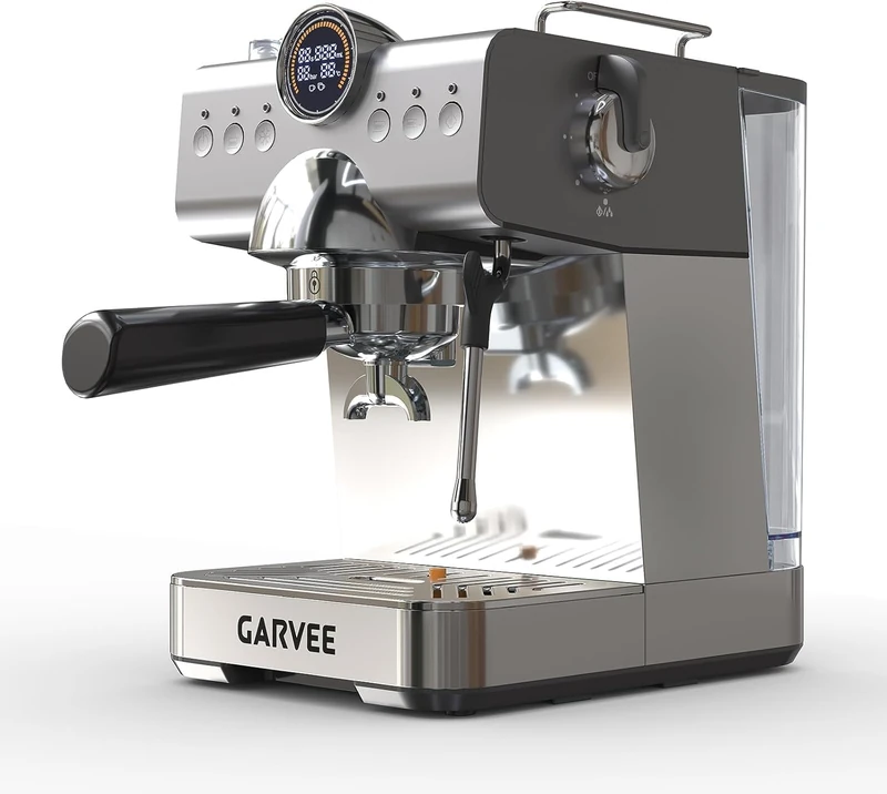 GarveeHome 20 Bar Espresso Coffee Machine with Grinder, Semi-Automatic Stainless Steel Espresso Maker with Milk Frother, Adjustable Temperature, Two Filters, 1.5L Removable Tank for Kitchen, Office