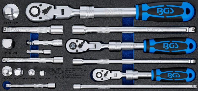 BGS 4798 | Workshop Trolley Insert 1/3: Reversible Ratchet Set | Extendible, Angled | Outputs External Square 6.3 mm (1/4 Inch) - 10 mm (3/8 Inch) - 12.5 mm (1/2 Inch) | 17 Pieces
