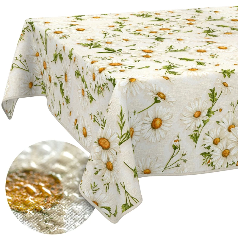 ANRO Washable Tablecloth Daisy White Rectangular 220 x 140 cm - Water-Repellent Indoor Outdoor Lotus Effect with Hem