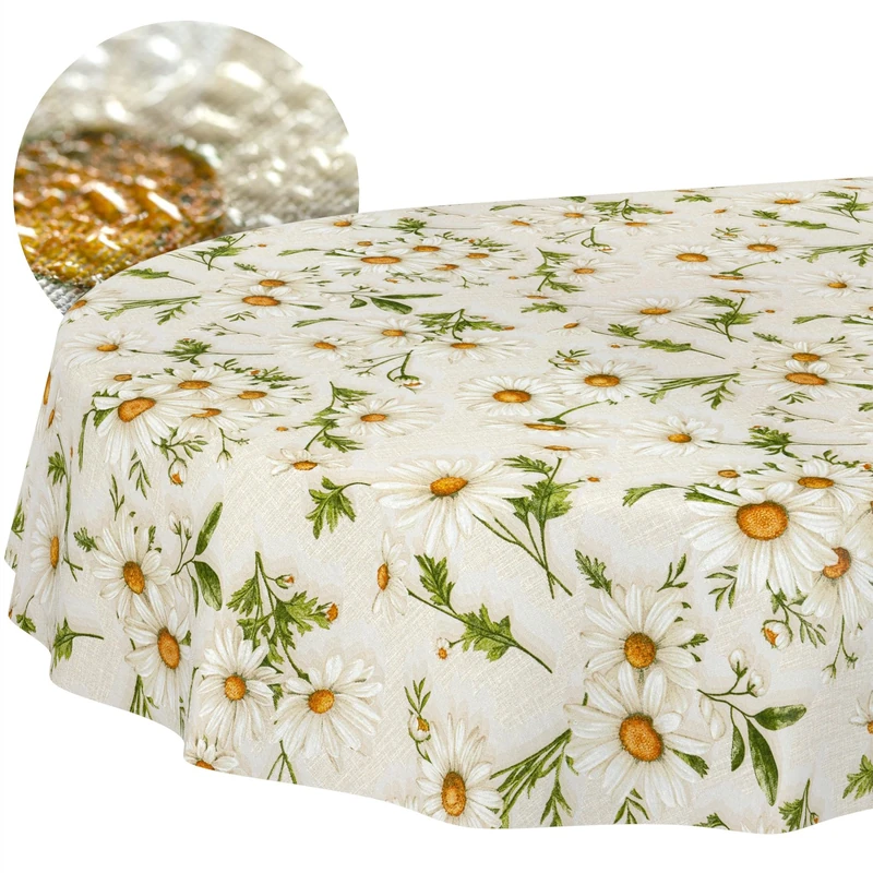 ANRO Washable Tablecloth Daisy White Oval 320 x 140 cm - Water-Repellent Indoor Outdoor Lotus Effect Cut Edge