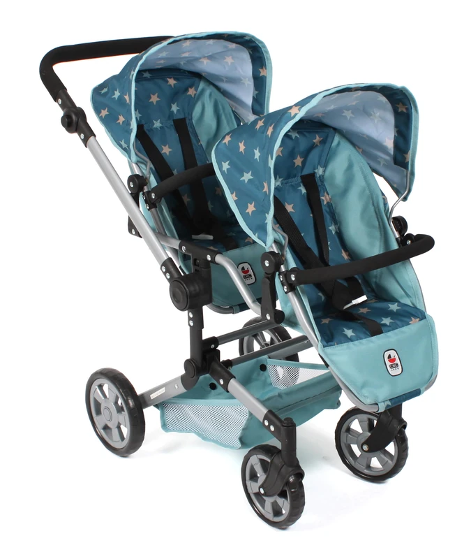 Bayer Chic 2000® Linus Duo Doll Pram – Turquoise Stars – Double Folding Stroller – Adjustable Handle 50 – 82 cm – Dolls up to 50 cm – 4-8 Years