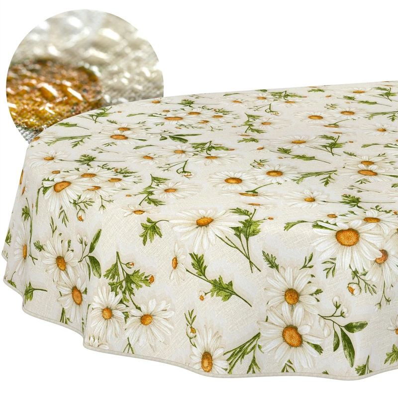 ANRO Washable Tablecloth Daisy White Oval 220 x 140 cm - Water-Repellent Indoor Outdoor Lotus Effect with Hem