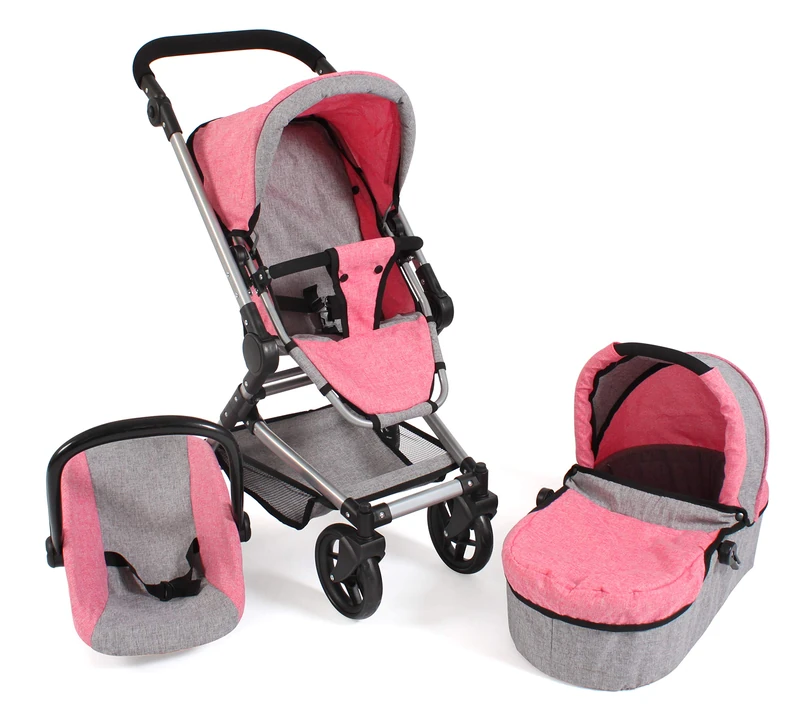 Bayer Chic 2000 - Fides, 3-in-1 doll's pram set consisting of baby bath, sports seat and car seat, melange grey-pink - Image 1