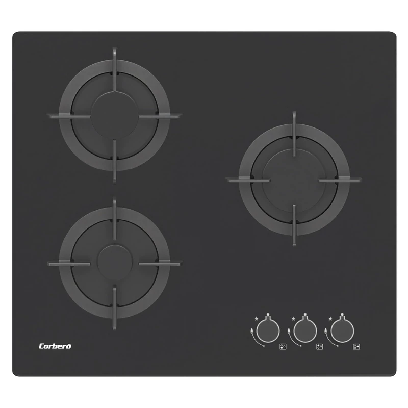 Corberó – Glass Gas Plate 60 cm | CPG306N | 5,45kw | 3 Zones | Side Controls | Cast Iron Grill | Frameless | Conversion Kit | Safety Valve and Automatic Disconnection | Black