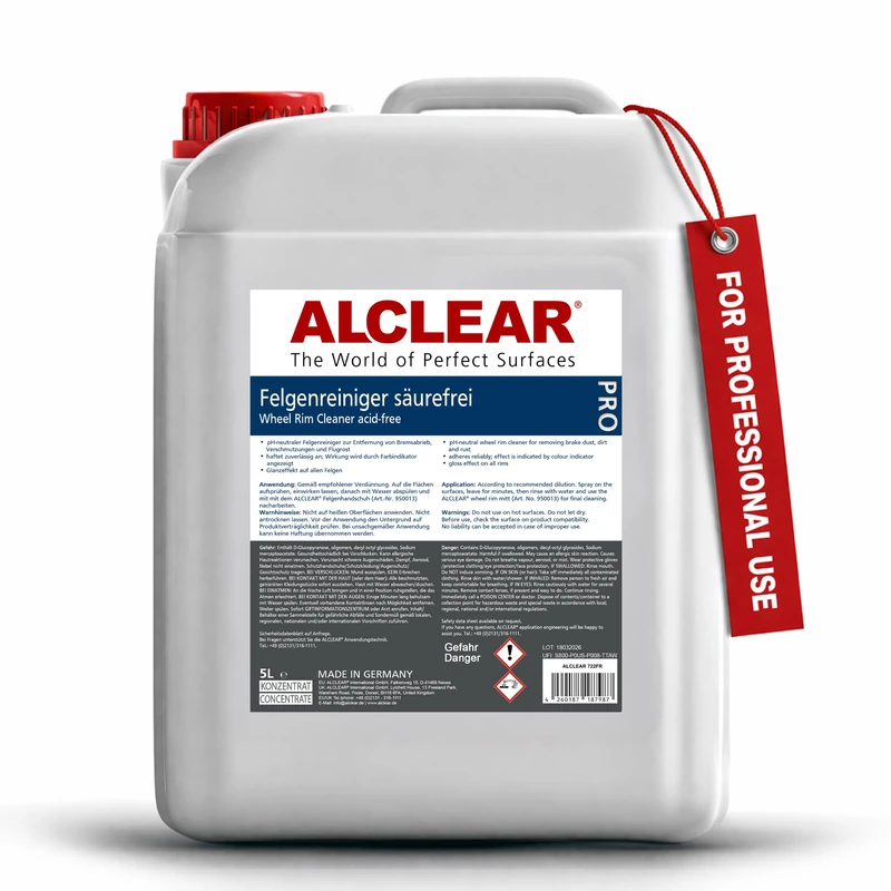 ALCLEAR 722FR Wheel Cleaner Concentrate 5L - Acid-free, pH-neutral, with color indicator - Removes brake dust and rust - Gentle on aluminum and steel wheels for professional use