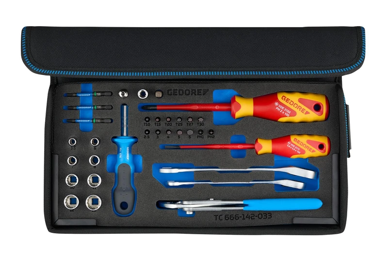 GEDORE TC 666 142‑033 Maintenance Kit 1/4 Inch, 33-Piece Water Pump Pliers, Ring Ratchet Wrench, VDE Screwdriver, D20 Sockets, Bits, Textile Bag