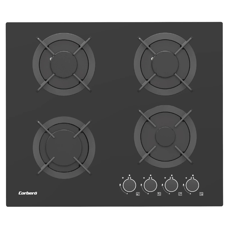 Corberó – Glass Gas Plate 60 cm | CPG406N | 7,2kw | 4 Zones | Side Controls | Cast Iron Grill | Frameless | Conversion Kit | Safety Valve and Automatic Disconnection | Black