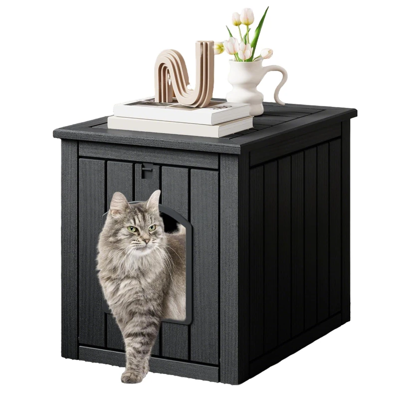 GYMAX Hidden Cat Litter Box Enclosure, Waterproof Cat House with Flip Front Door and Raised Floor, Indoor Outdoor Pet House Crate for Kitten (Black)